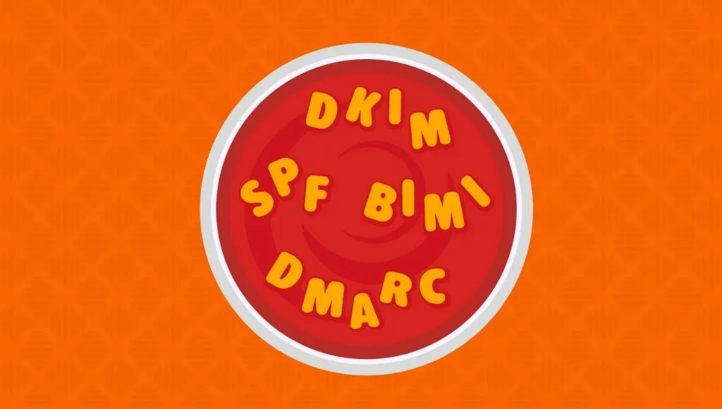 DKIM, SPF, BIMI, DMARC harflerinden oluşan bir çorba çizimi